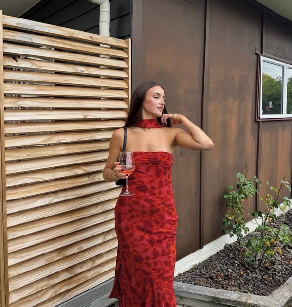 Style Rotate customer @em.Cody wearing Under The Pagoda Maxi Dress | Deep Red Floral